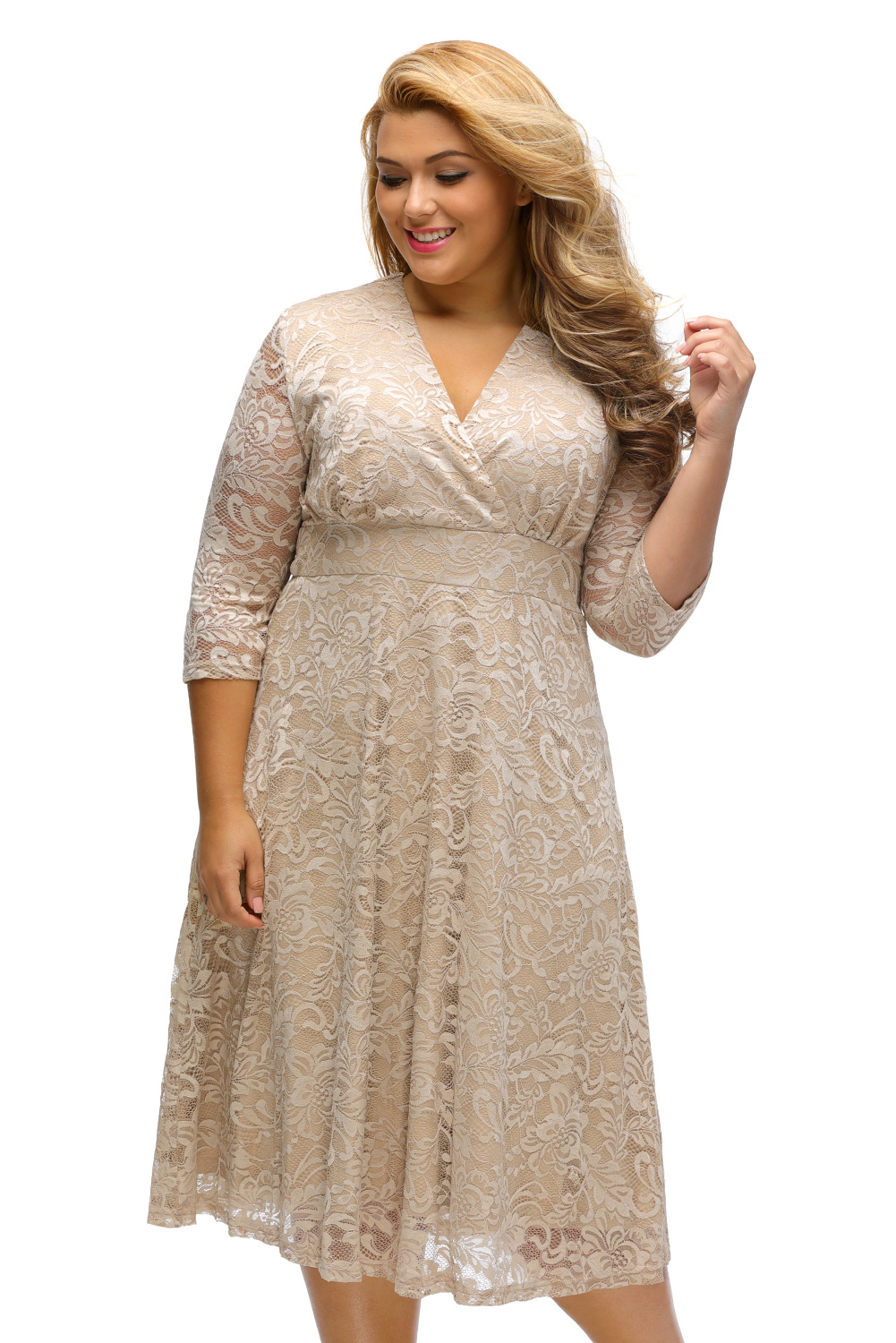 BY61442-18 Apricot Plus Size Surplice Lace Formal Skater Dress